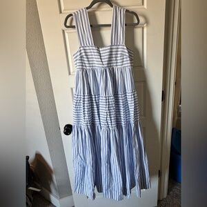 Anthropologie Blue White Stripe Tiered Midi Dress XS Smocked Back